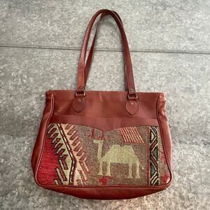 Vintage Turkish Wool Kilim Leather Camel Shoulder Bag Purse Brown Boho Artsy